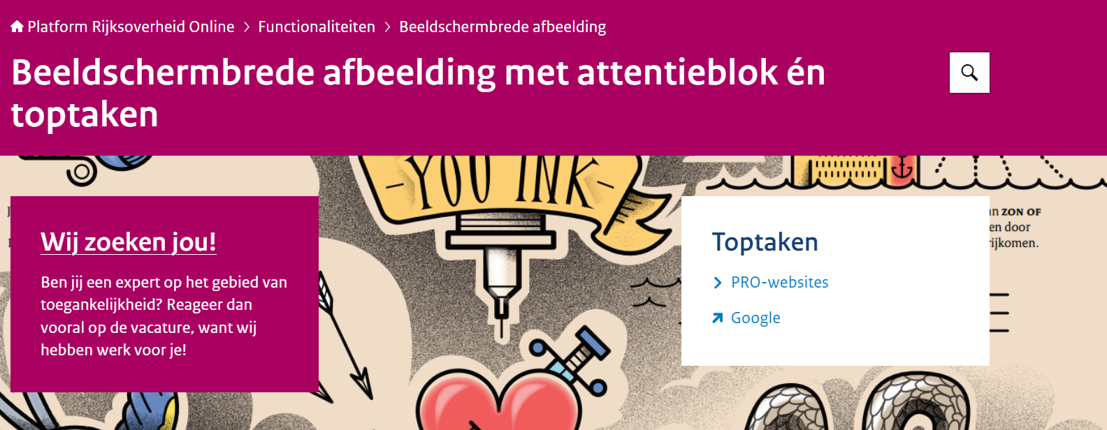 Voorbeeld van een beeldschermbrede afbeelding op PRO waaraan een toptakenblok en attentieblok is toegevoegd.